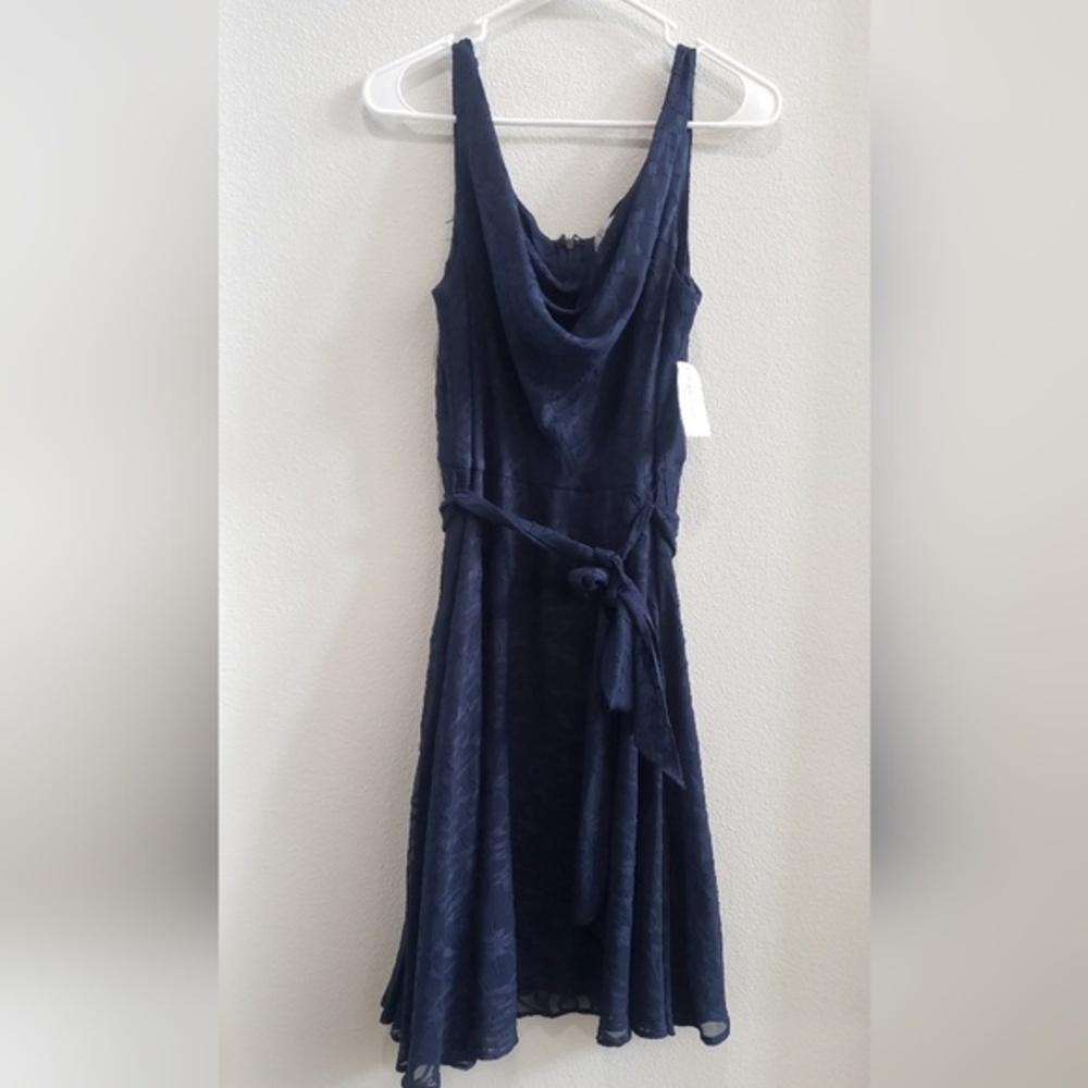 LUX by Carmen Marc Valo navy blue belted a- line dress size 10